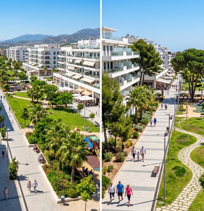 Vistas de los parques, avenidas y edificios residenciales modernos de Las Lagunas de Mijas en Málaga